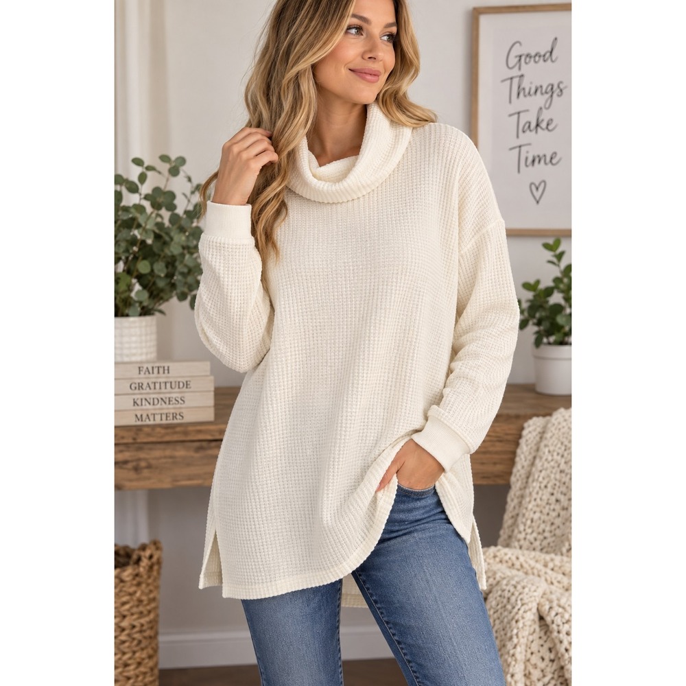Lands' End Women's 2X Ivory Waffle Knit Cowl Neck Tunic Sweater Coastal Cozy